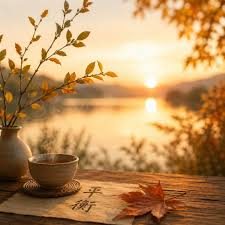Femme pratiquant la respiration consciente en forêt d’automne, entourée de feuilles colorées, représentant l’harmonie saisonnière en médecine traditionnelle chinoise.